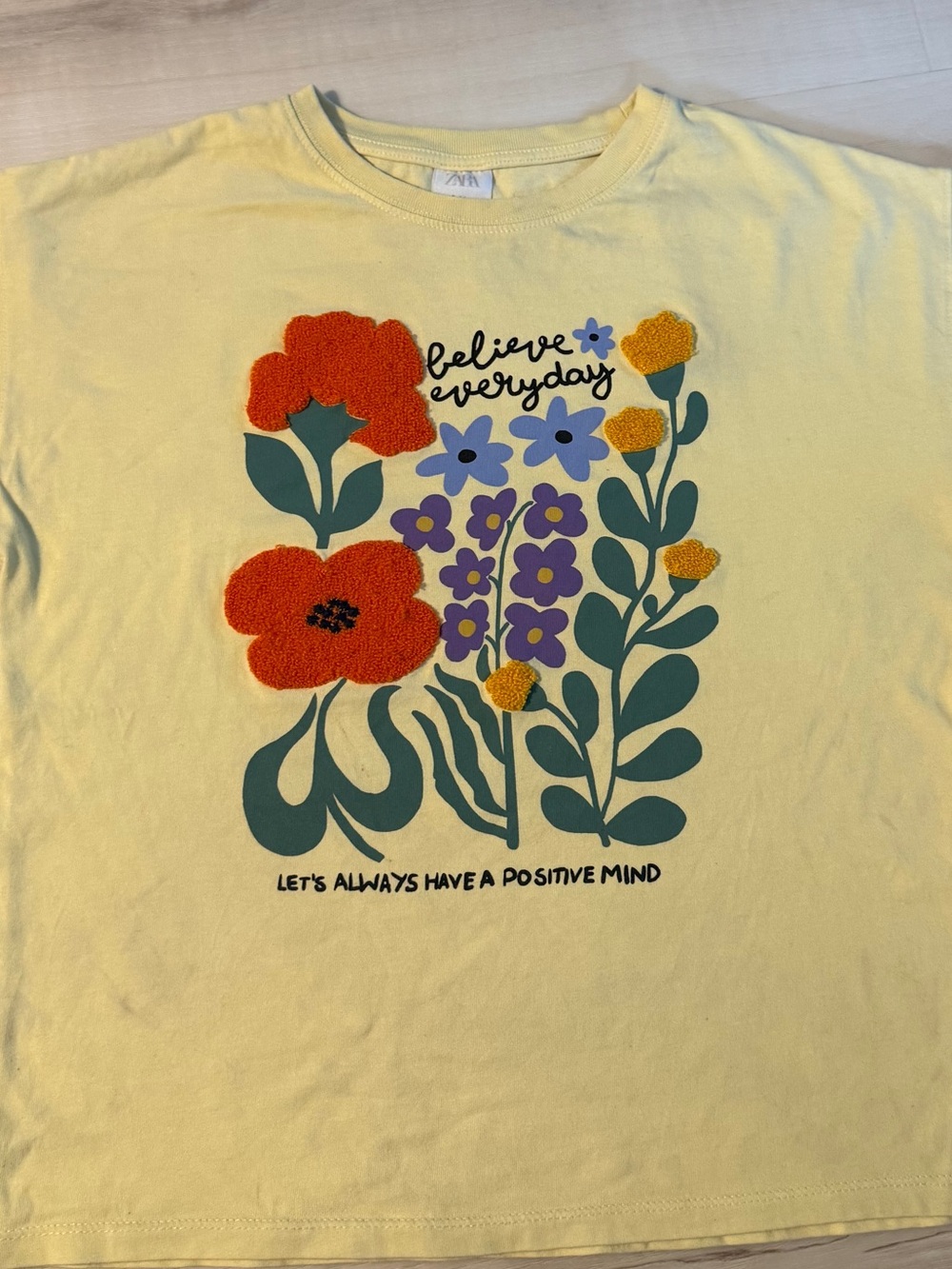 Zara kids Yellow Short-Sleeve Tee w/ Colorful Raised Floral Design- size 13 14